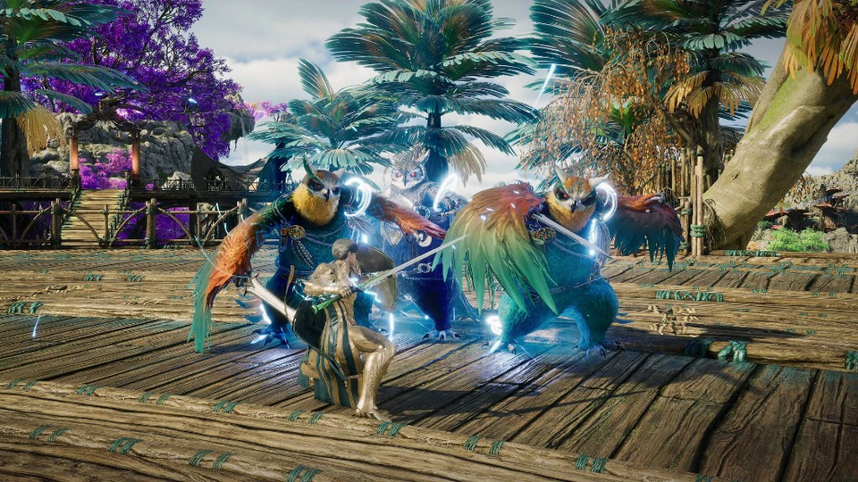 Aion 2 player in gold armor fighting avian creatures on a wooden deck