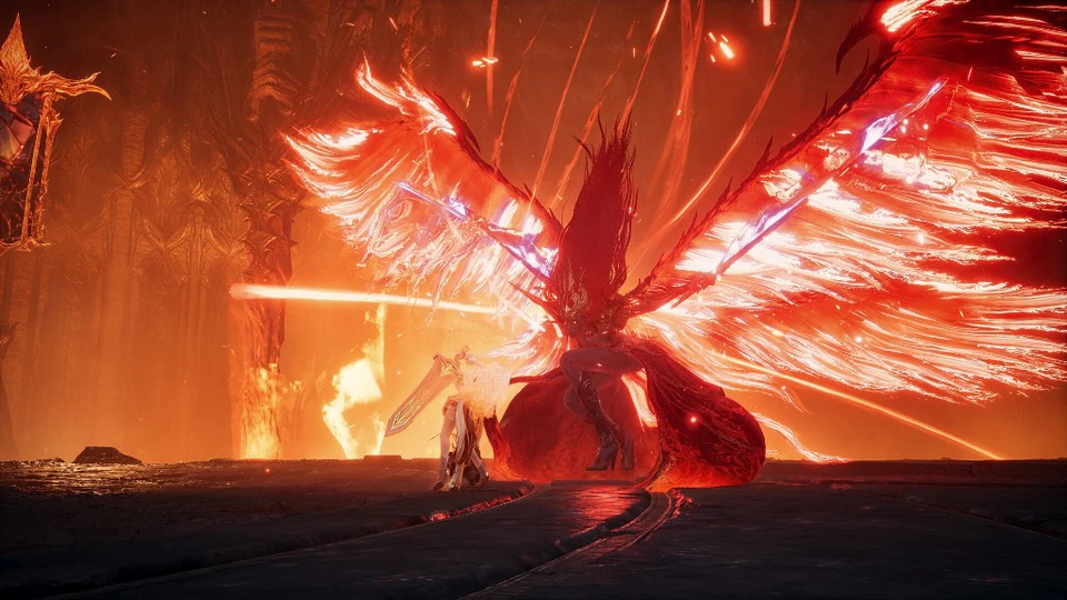 Aion 2 player facing a boss with giant fiery wings in a dark arena