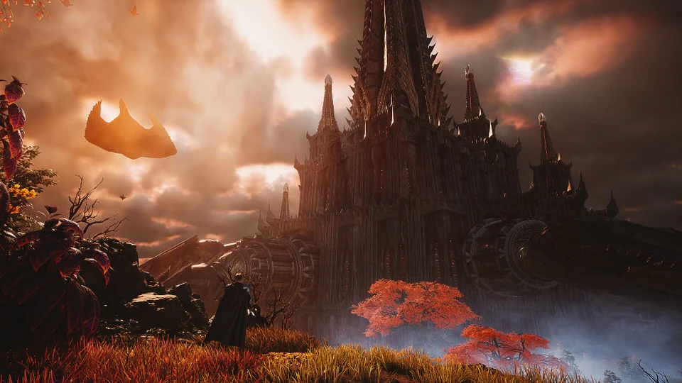 Aion 2 cinematic fortress at sunset with flying vessel over golden clouds