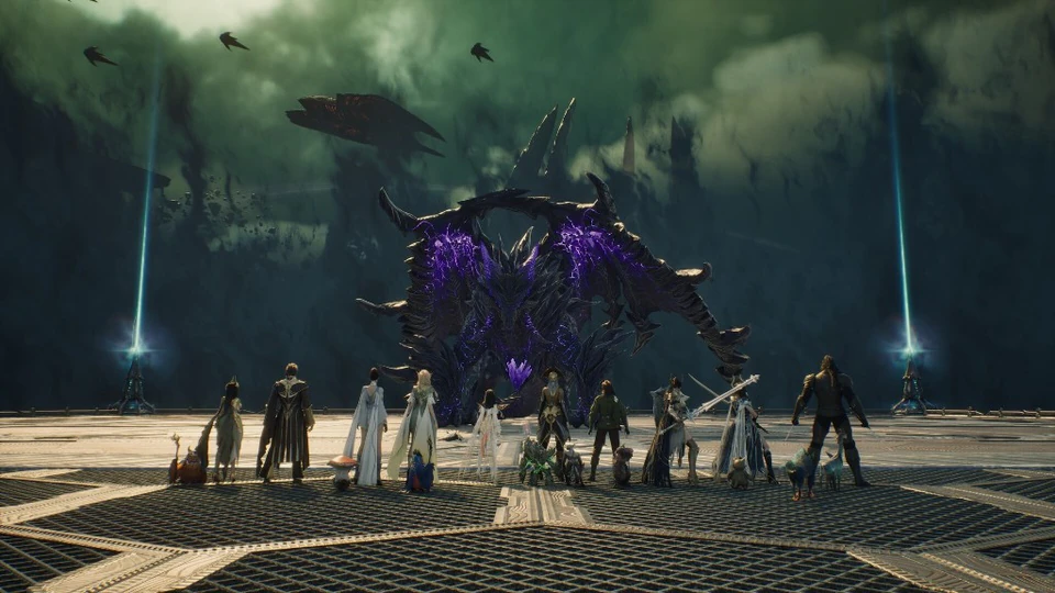 Aion 2 raid party facing a massive purple winged boss on a stone platform